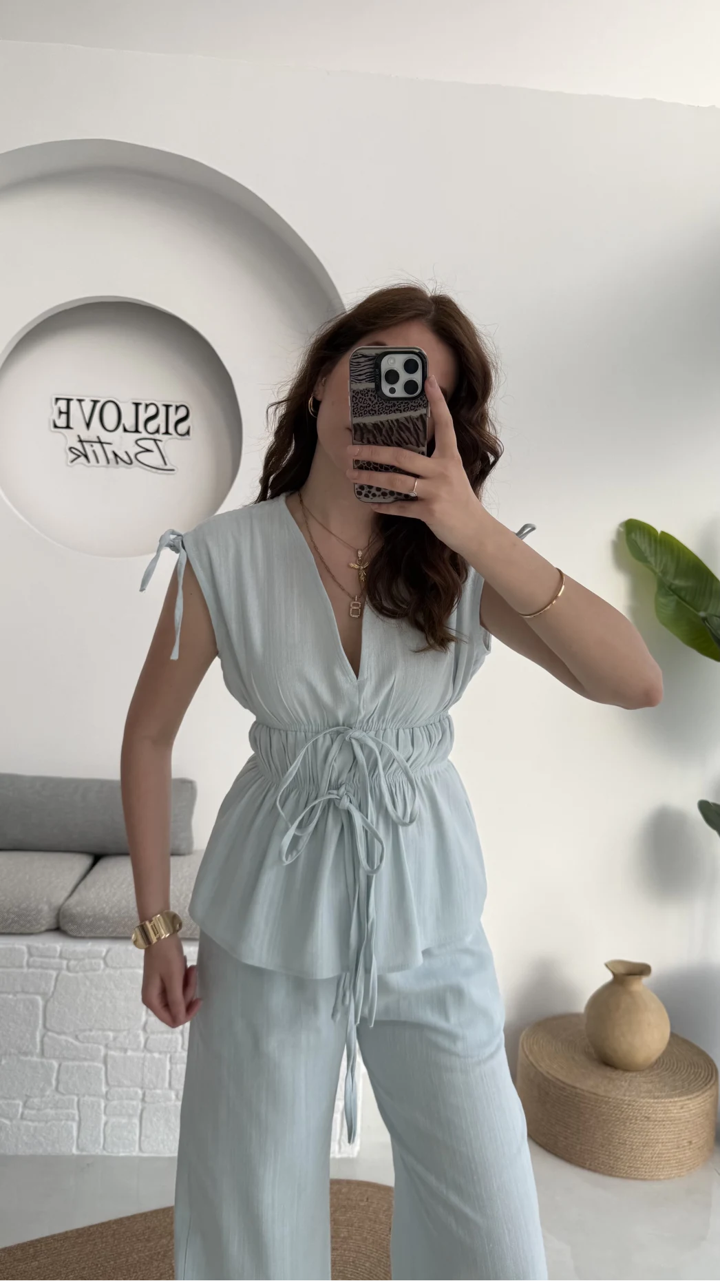 Lastik Detay Bluz Takım - Mavi