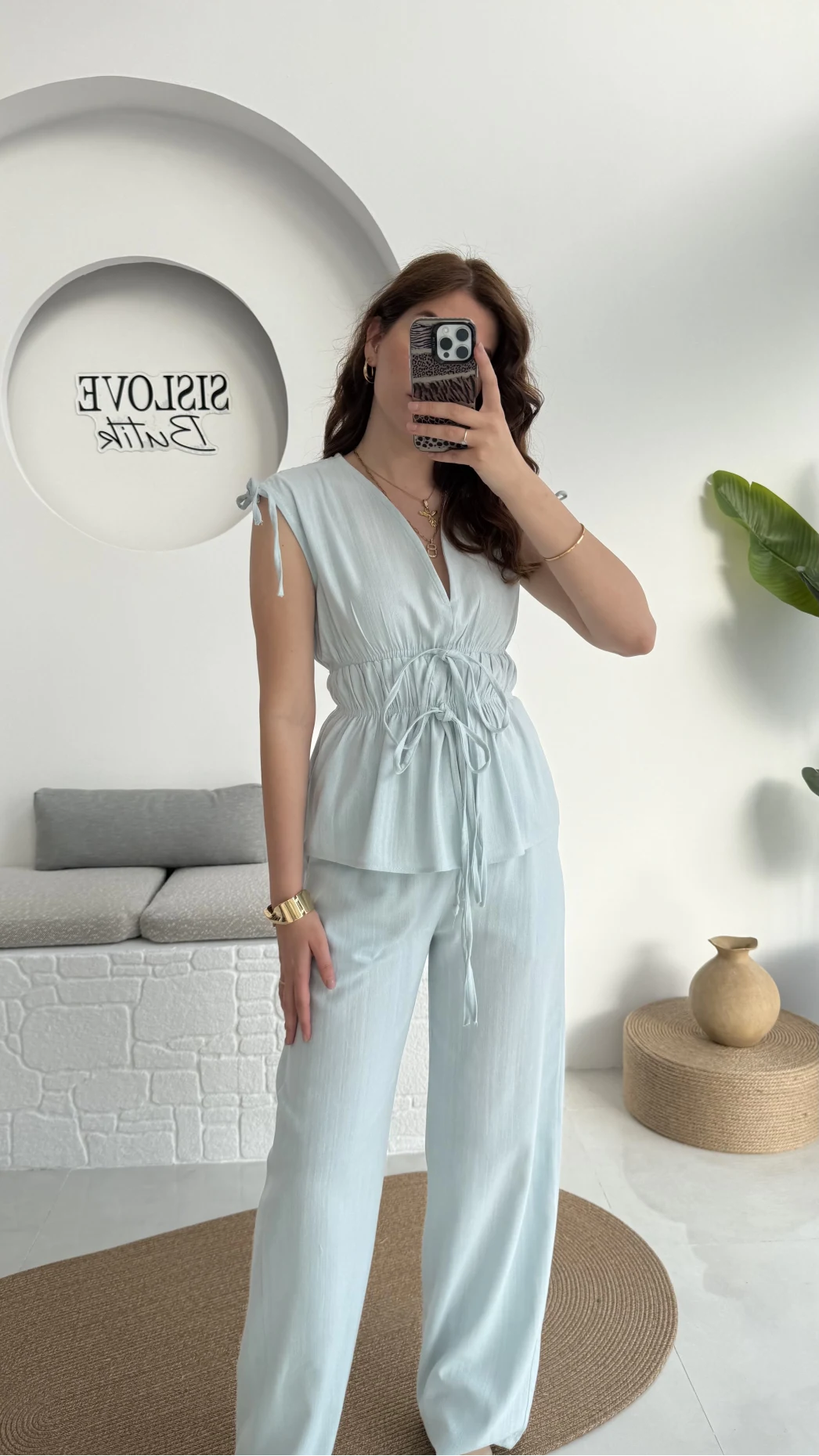 Lastik Detay Bluz Takım - Mavi