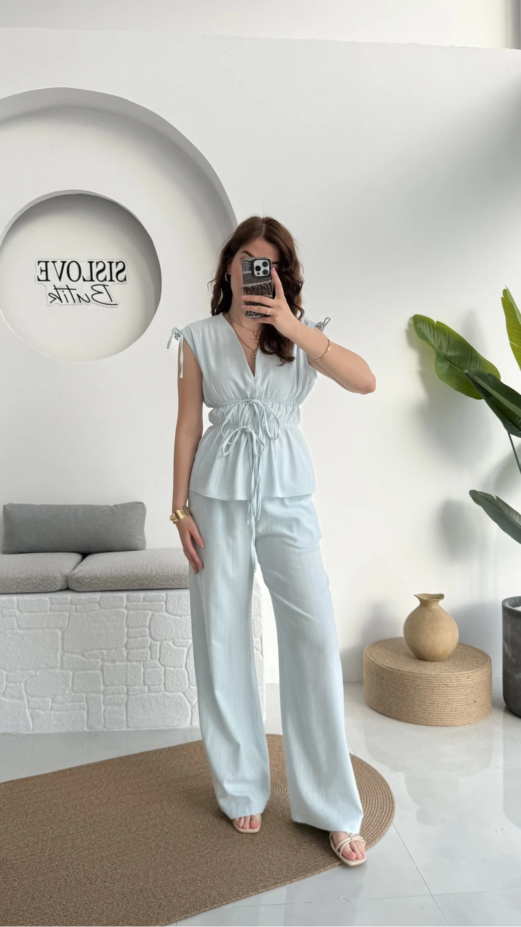 Lastik Detay Bluz Takım - Mavi