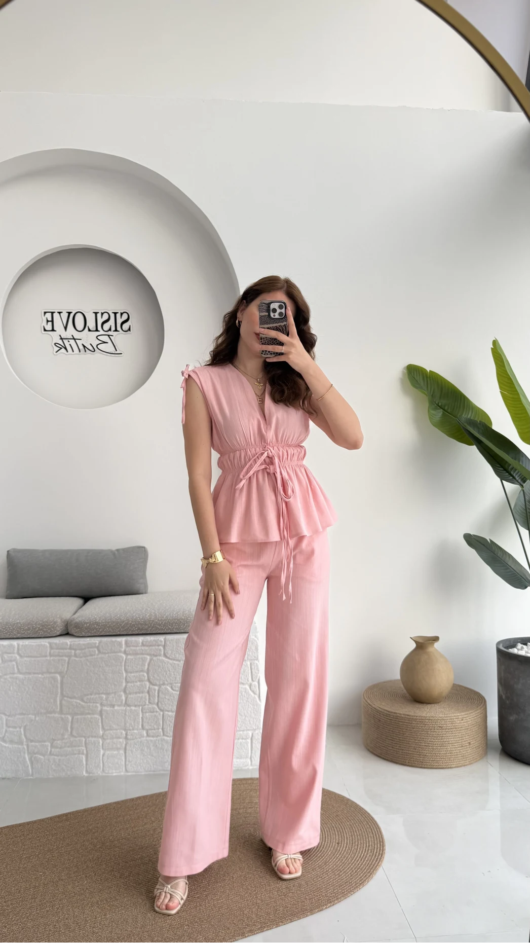 Lastik Detay Bluz Takım - Pembe