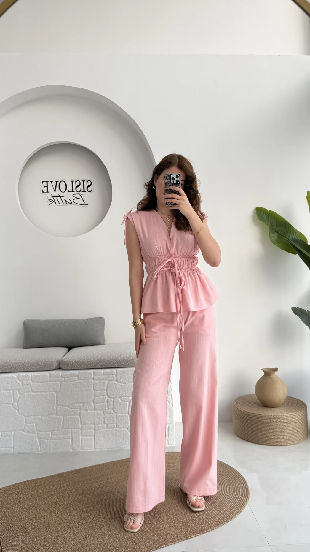 Lastik Detay Bluz Takım - Pembe