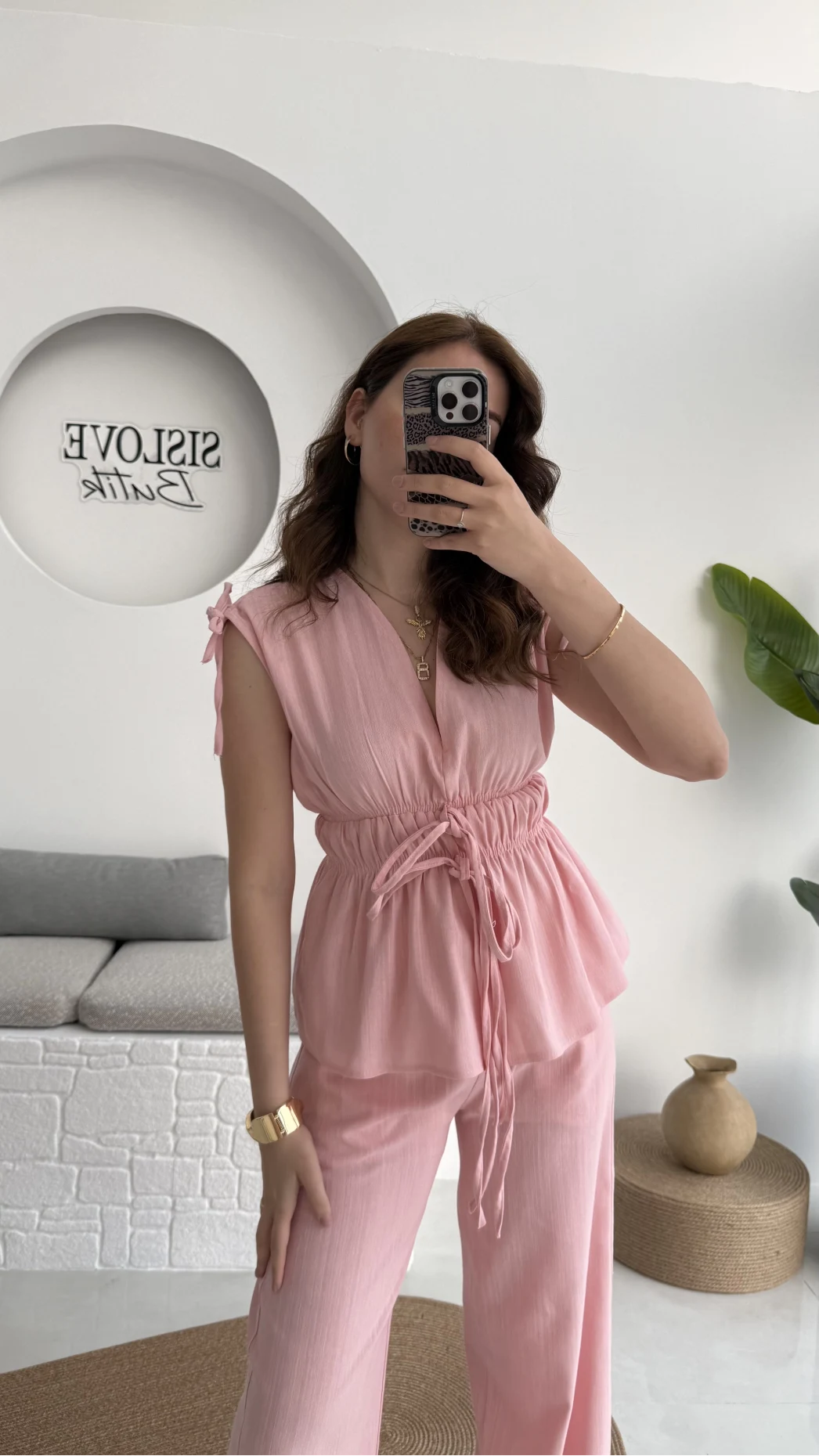 Lastik Detay Bluz Takım - Pembe