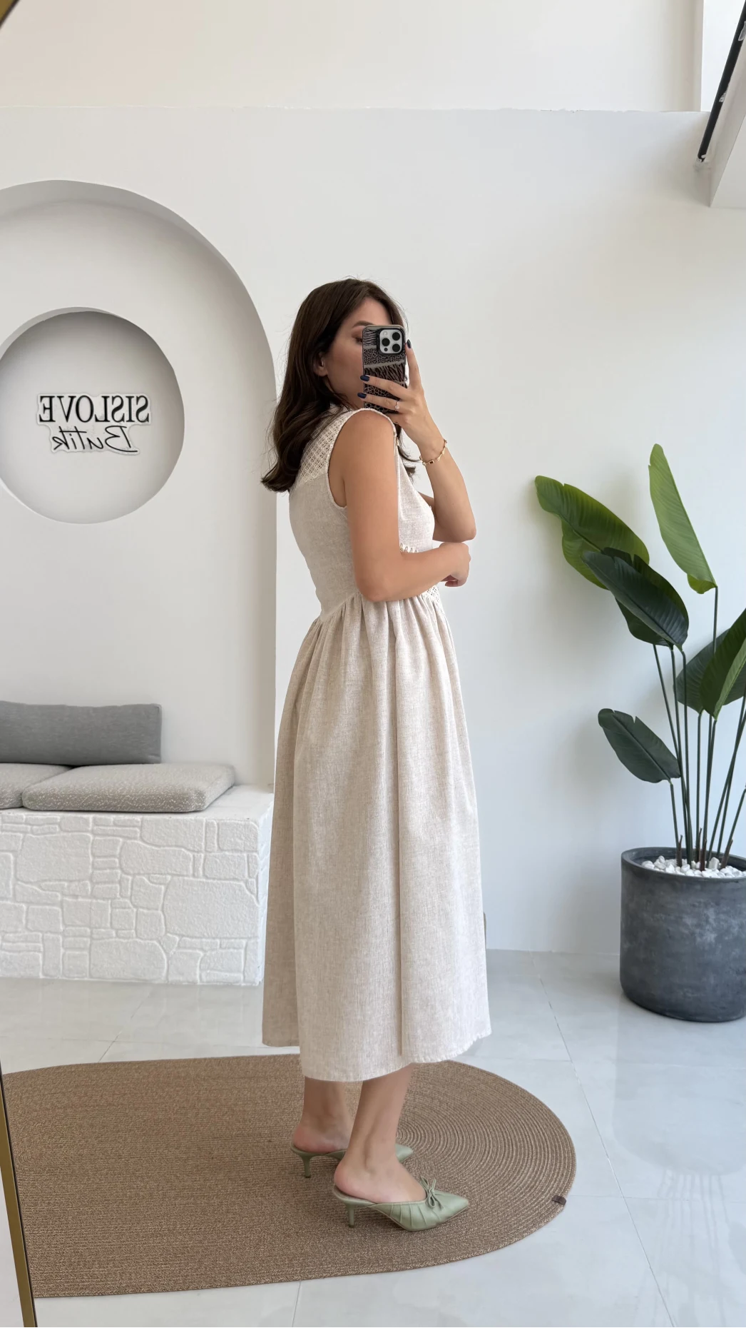 Layla Dantelli Deniz Kabuklu Keten Elbise - 6018