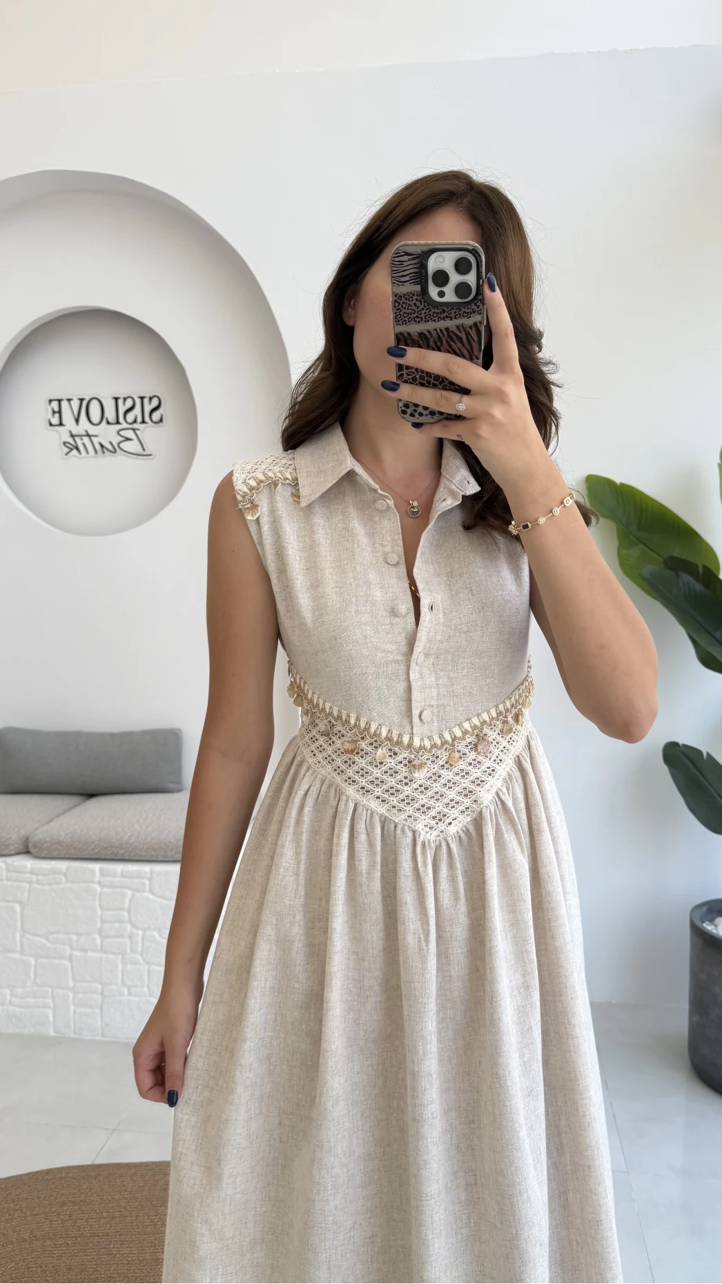 Layla Dantelli Deniz Kabuklu Keten Elbise - 6018