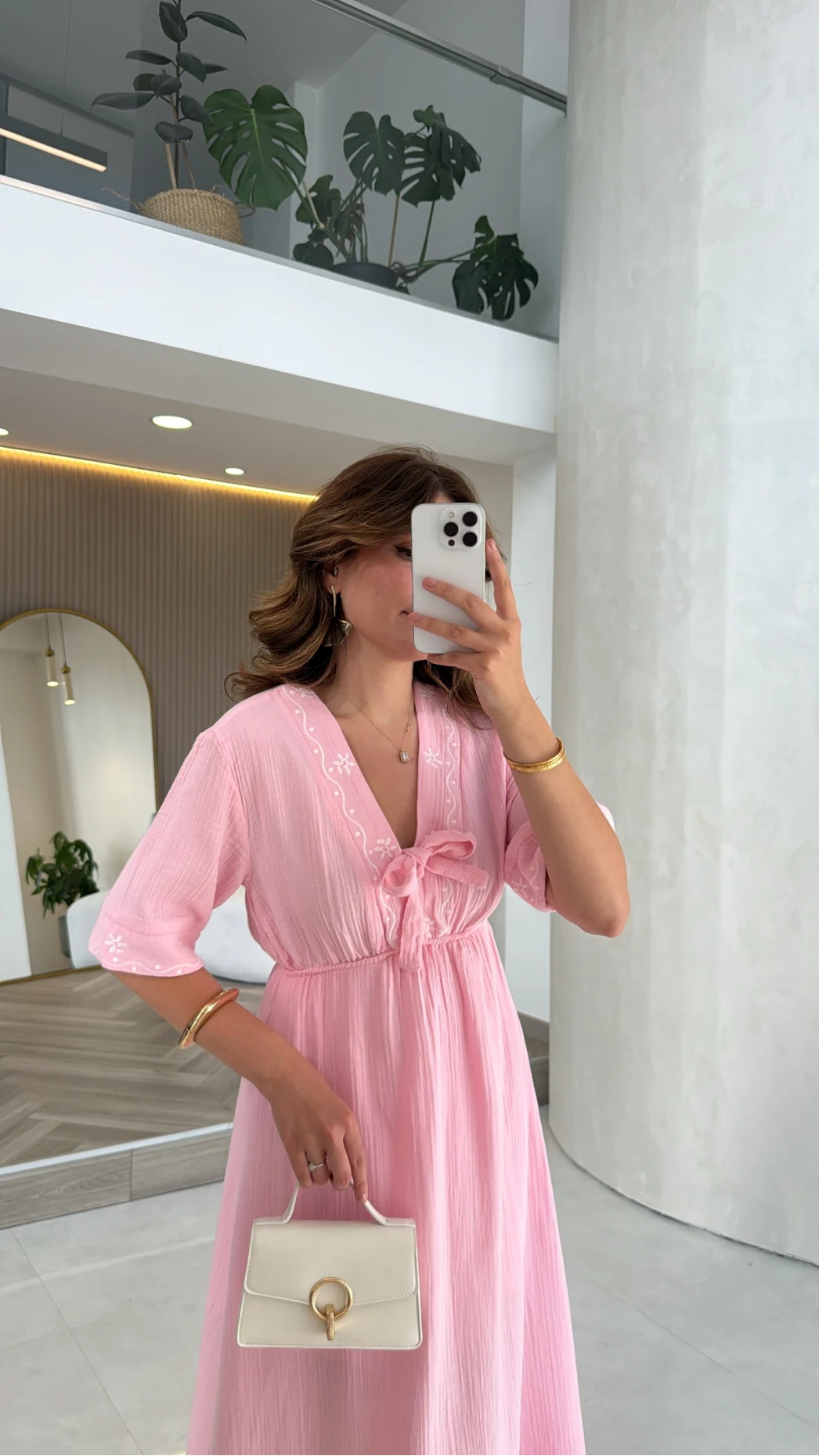 Leila Nakış Detaylı Müslin Elbise - Pembe - Kod: 1101