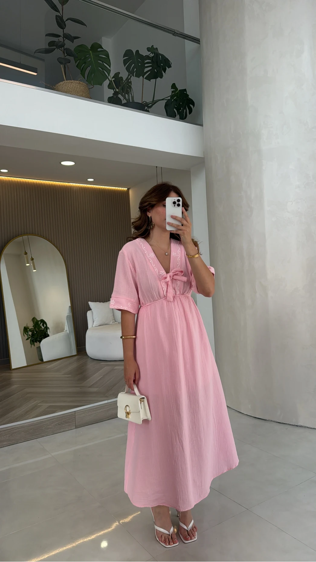 Leila Nakış Detaylı Müslin Elbise - Pembe - Kod: 1101