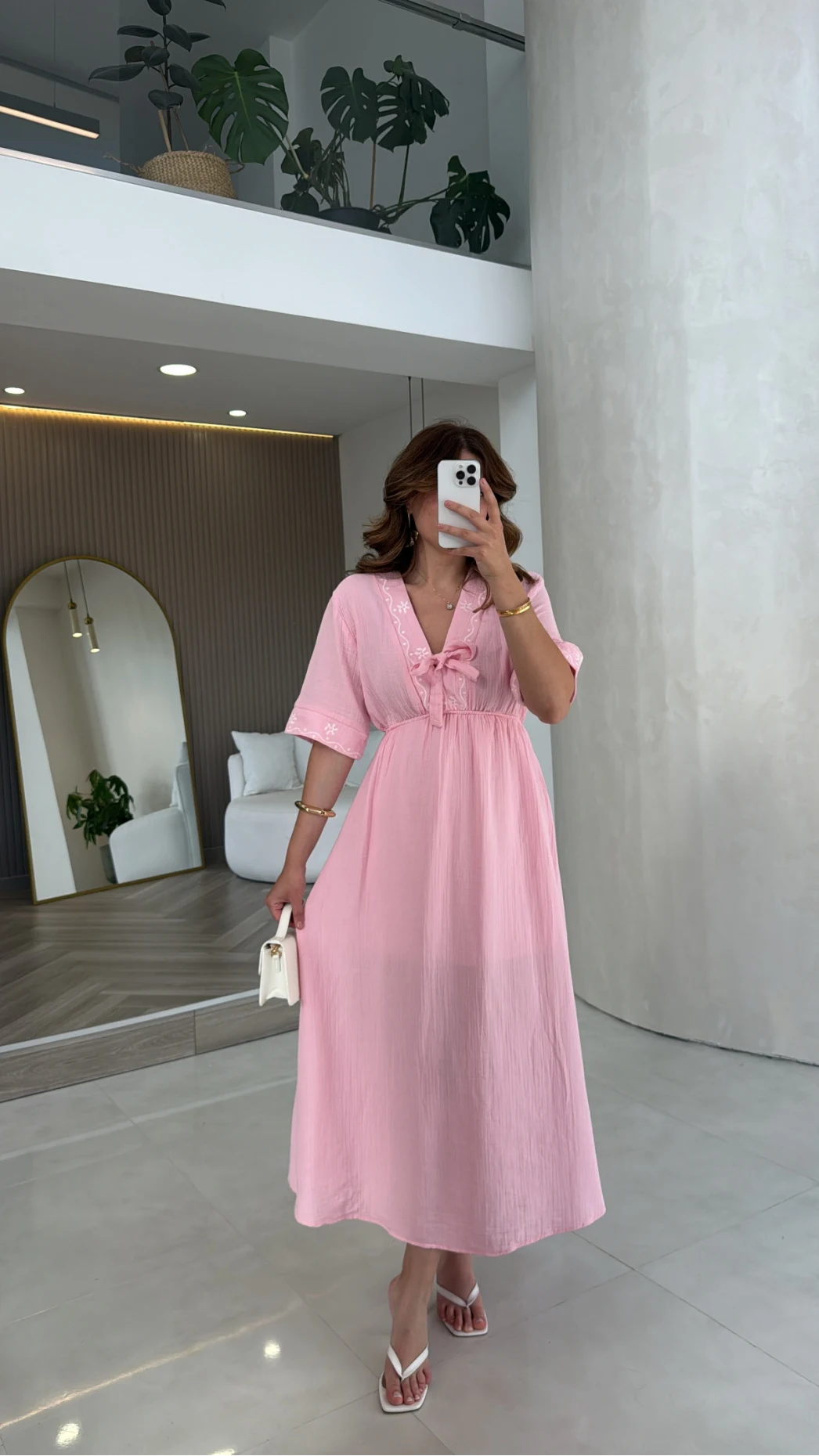 Leila Nakış Detaylı Müslin Elbise - Pembe - Kod: 1101