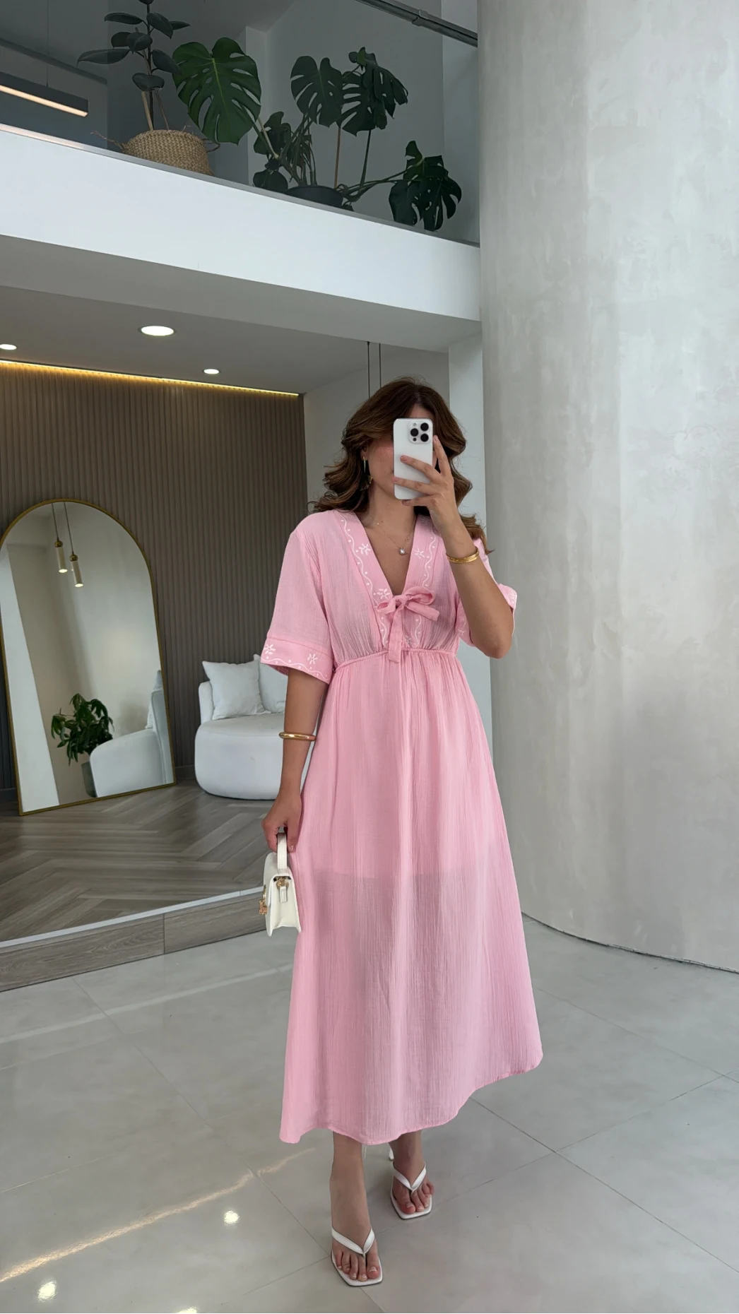 Leila Nakış Detaylı Müslin Elbise - Pembe - Kod: 1101