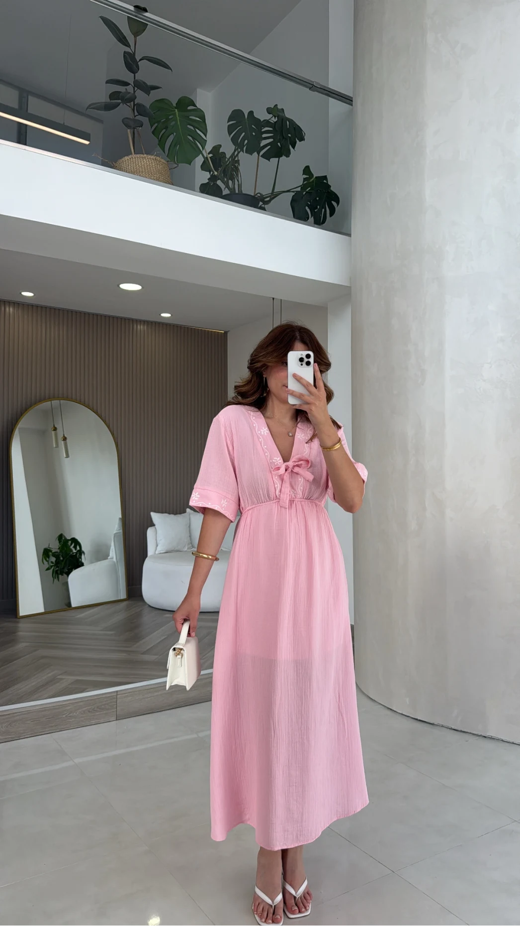 Leila Nakış Detaylı Müslin Elbise - Pembe - Kod: 1101