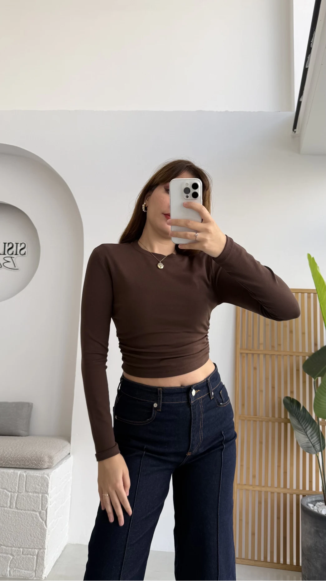 Lena Yanı Büzgülü Likralı Bluz - Kahve