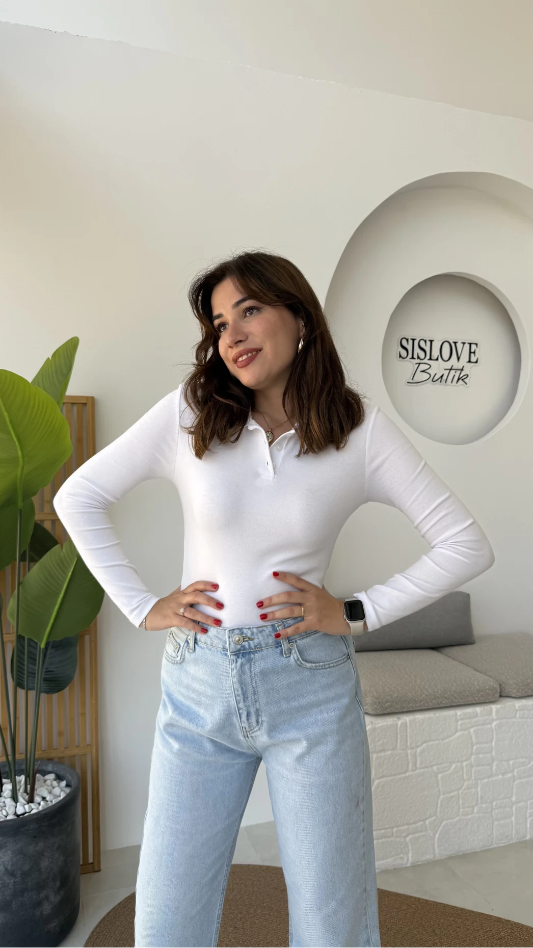 Leona Polo Yaka Uzun Kollu Bluz - Beyaz