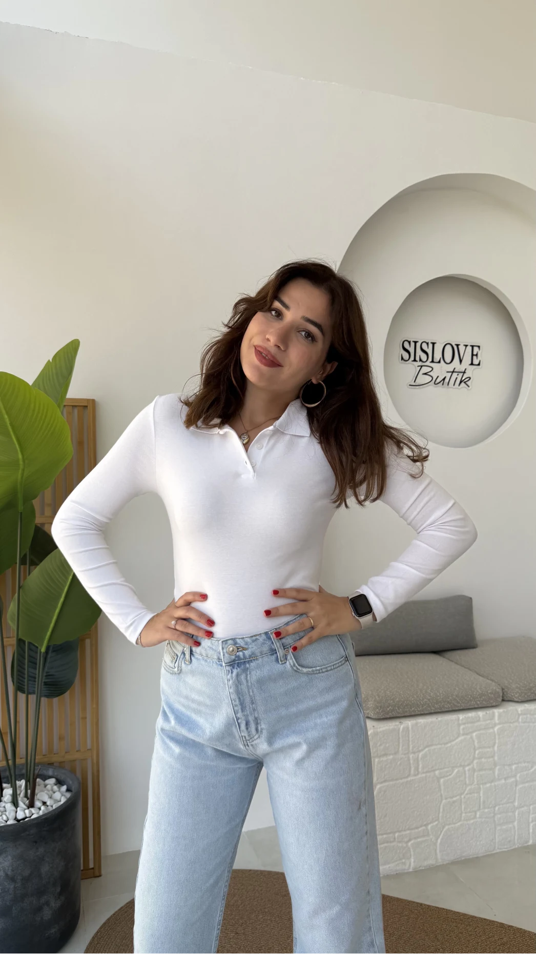 Leona Polo Yaka Uzun Kollu Bluz - Beyaz