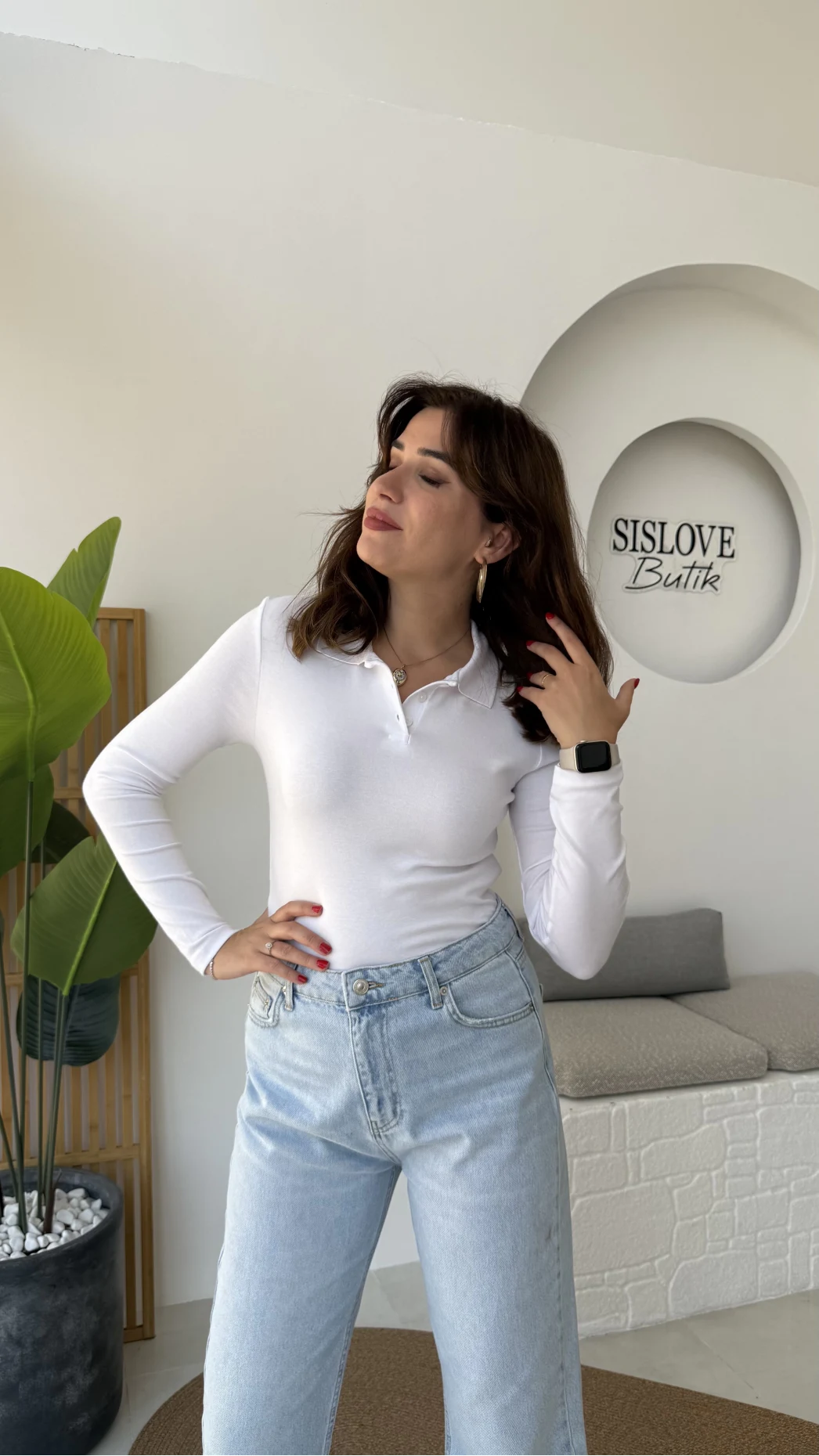 Leona Polo Yaka Uzun Kollu Bluz - Beyaz