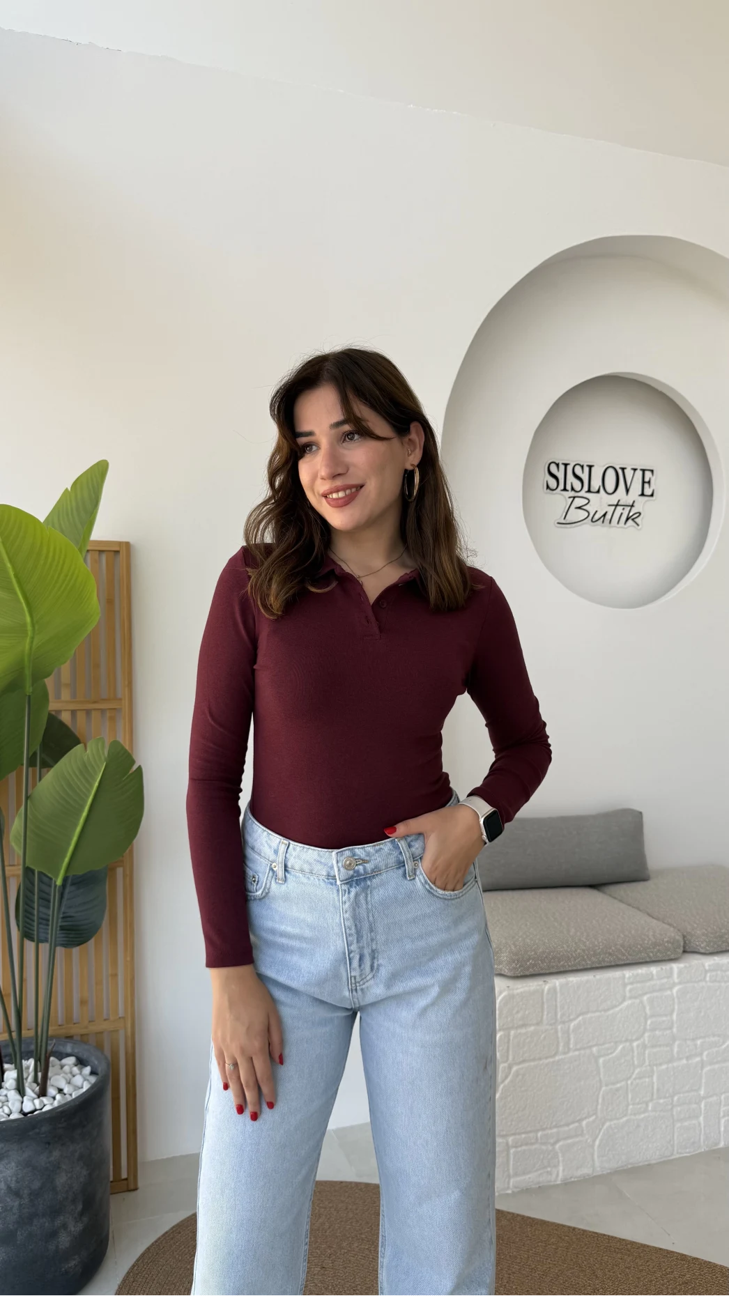 Leona Polo Yaka Uzun Kollu Bluz - Bordo