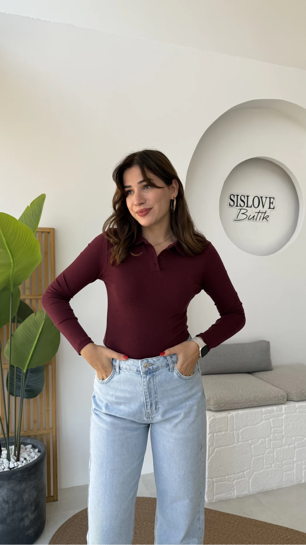 Leona Polo Yaka Uzun Kollu Bluz - Bordo