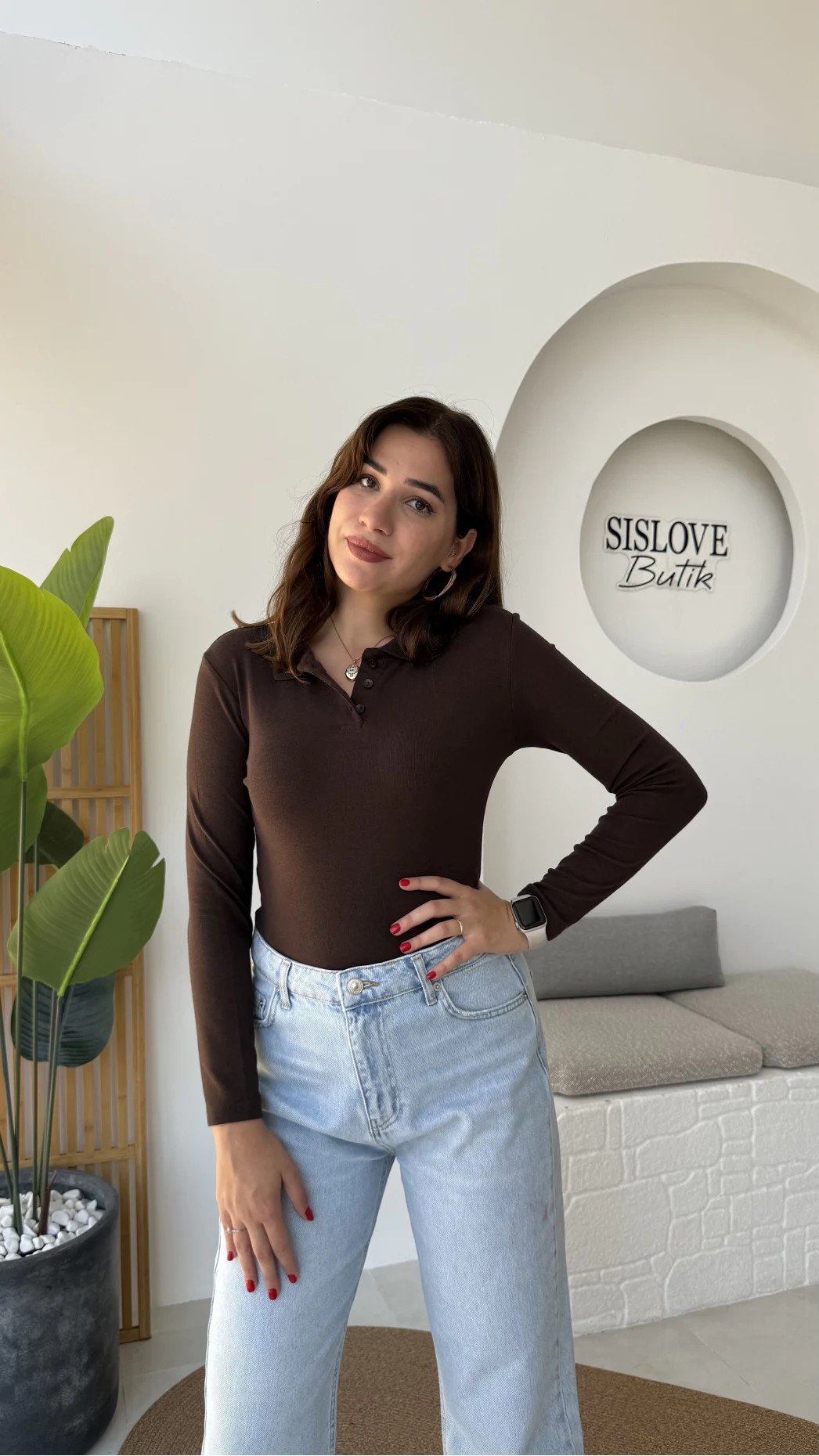 Leona Polo Yaka Uzun Kollu Bluz - Kahve