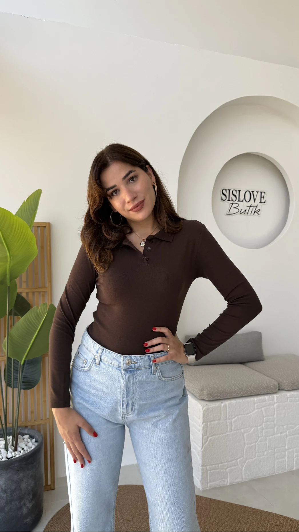 Leona Polo Yaka Uzun Kollu Bluz - Kahve