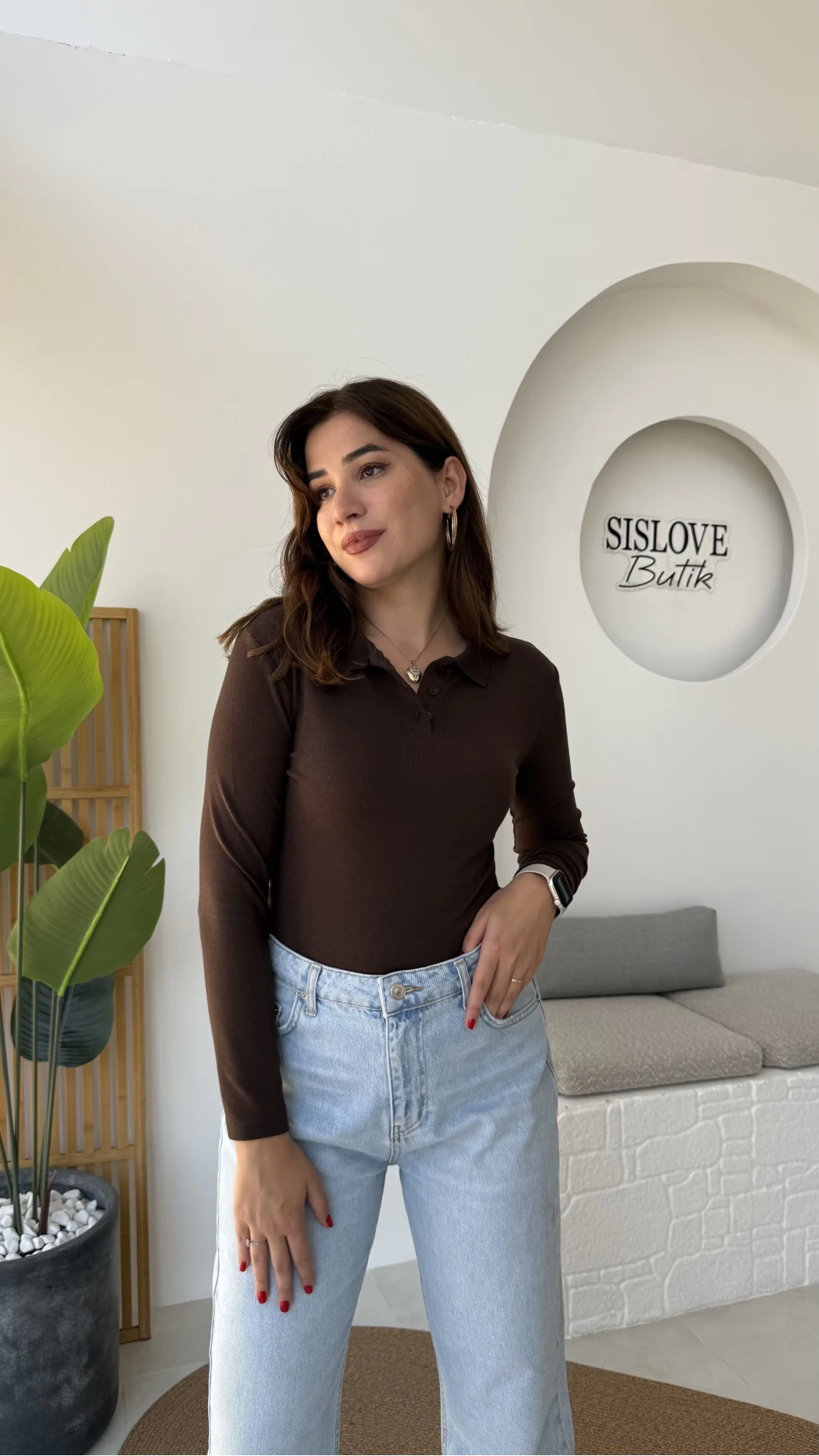 Leona Polo Yaka Uzun Kollu Bluz - Kahve