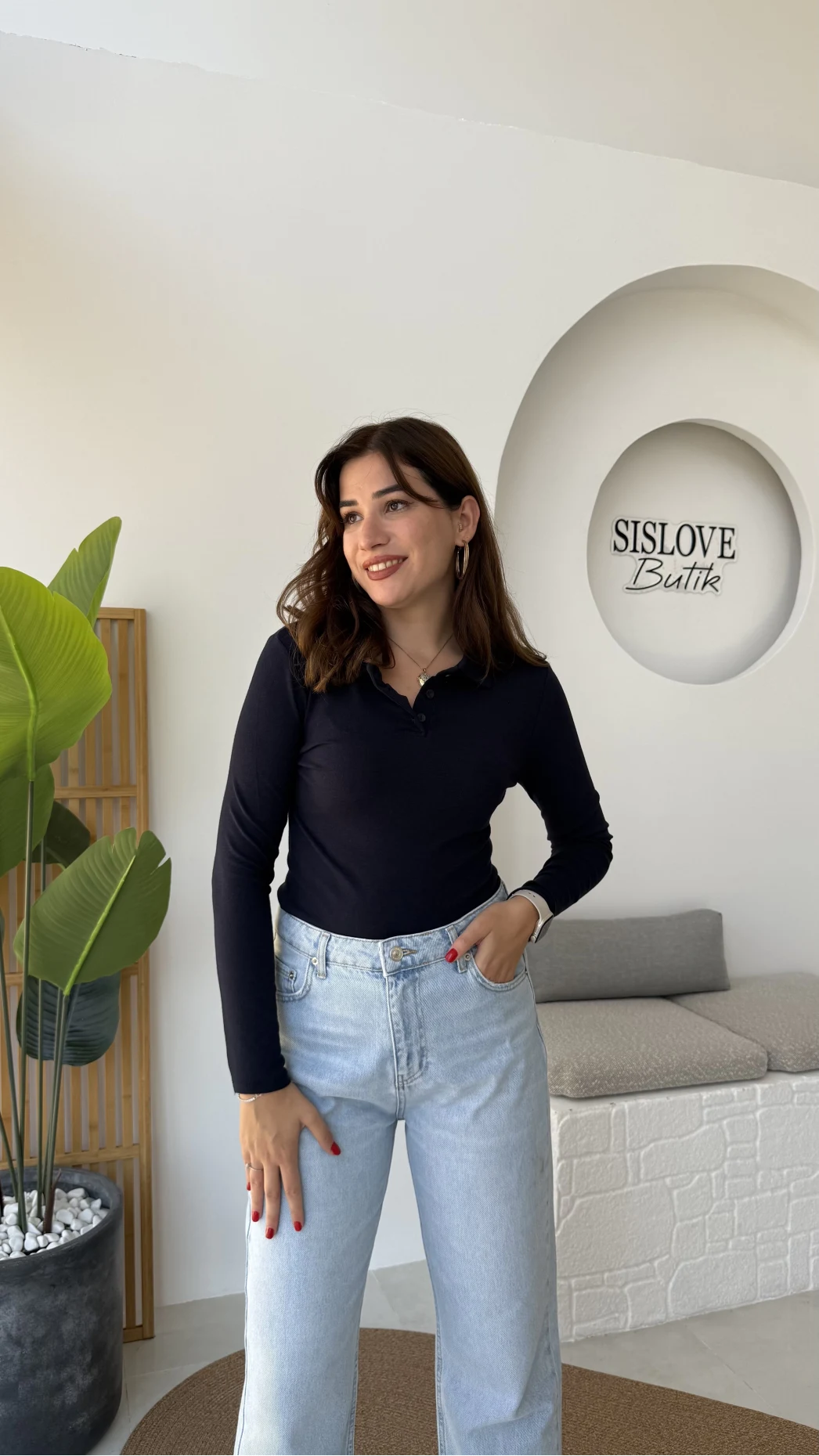 Leona Polo Yaka Uzun Kollu Bluz - Lacivert