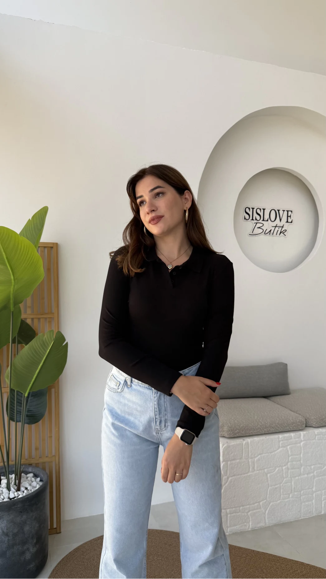 Leona Polo Yaka Uzun Kollu Bluz - Siyah