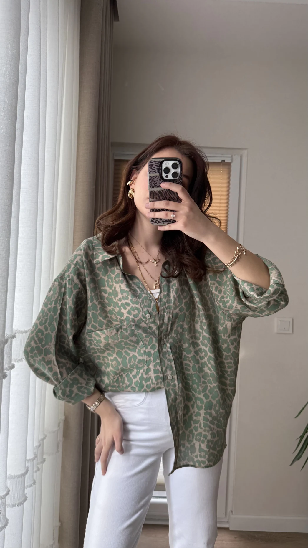 Leopar Tensel Gömlek Yeşil