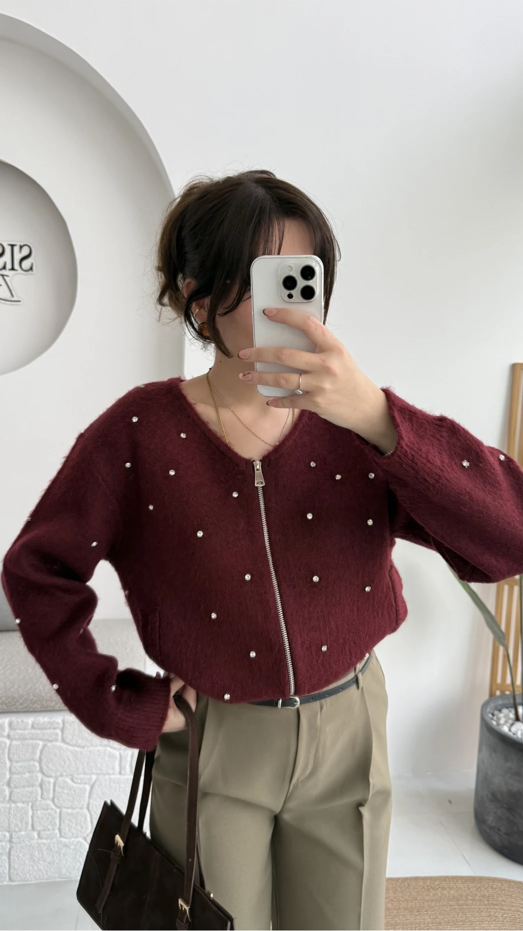 Leya Taşlı Hırka - Bordo - Kod: 4514