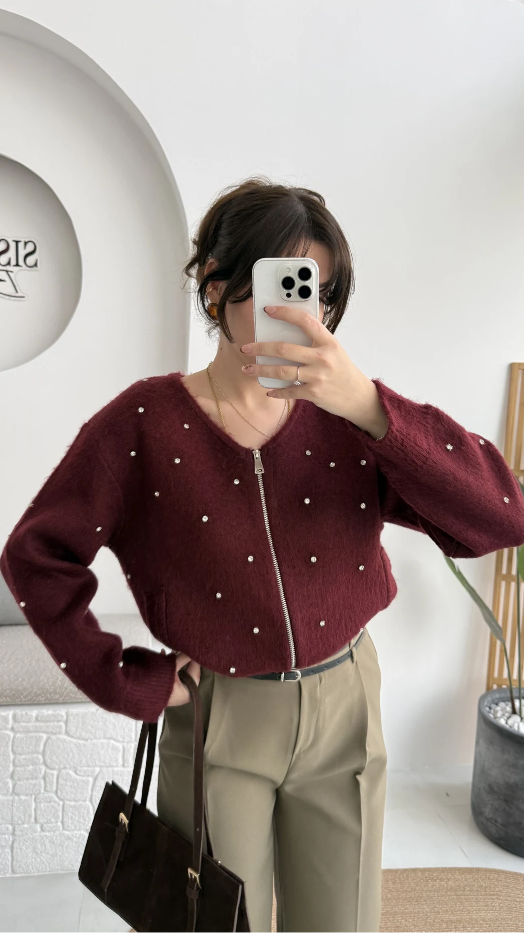 Leya Taşlı Hırka - Bordo - Kod: 4514