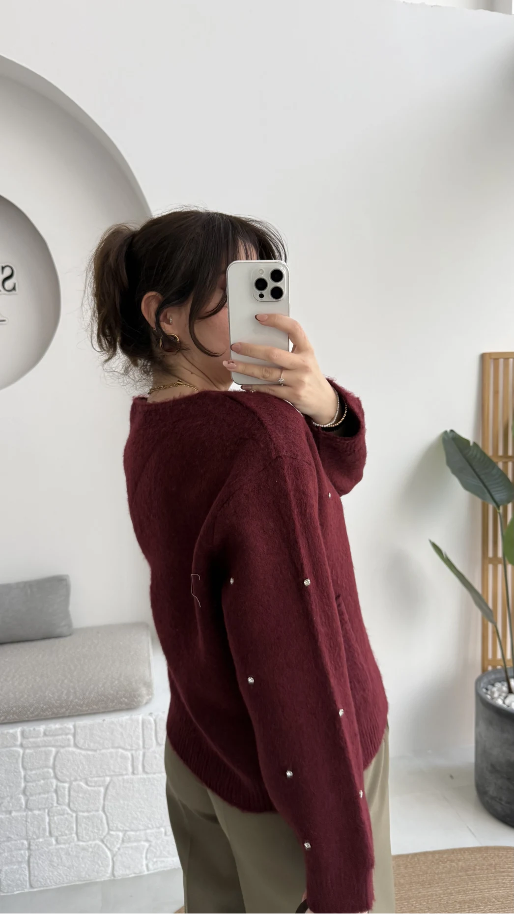 Leya Taşlı Hırka - Bordo - Kod: 4514