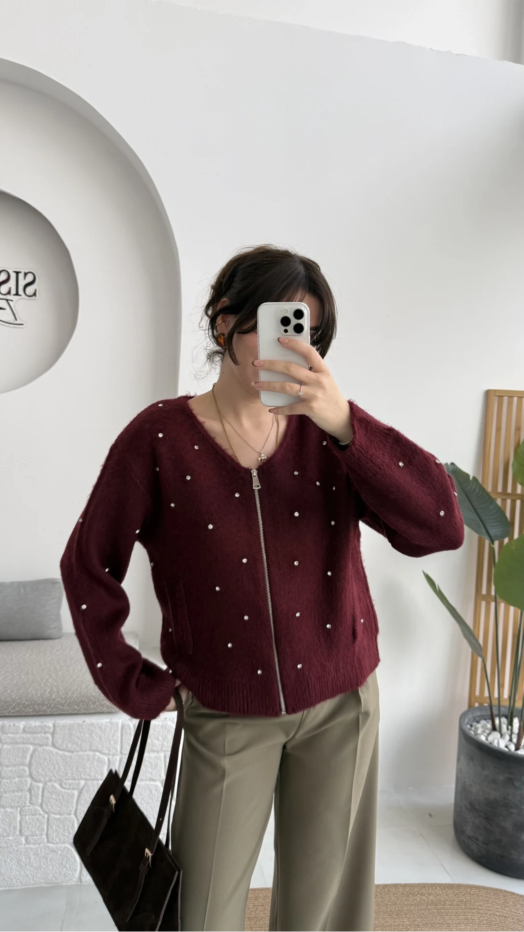 Leya Taşlı Hırka - Bordo - Kod: 4514