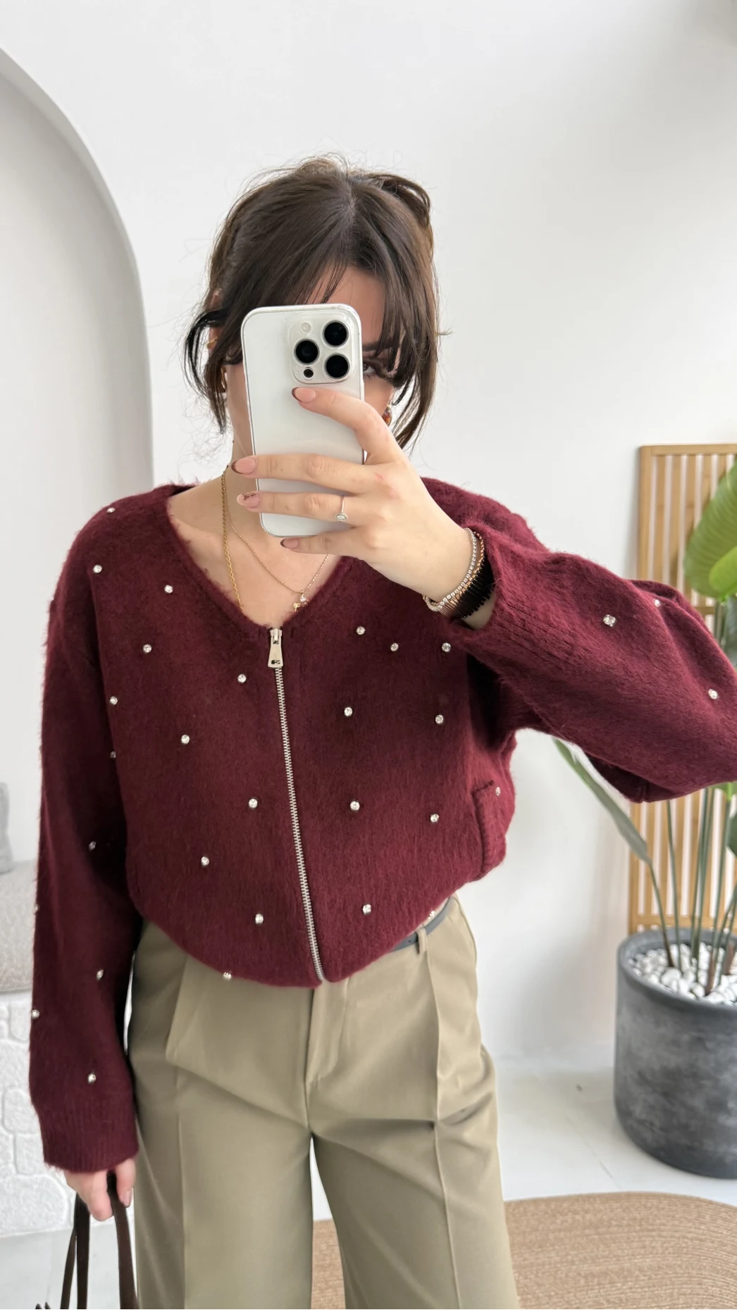 Leya Taşlı Hırka - Bordo - Kod: 4514