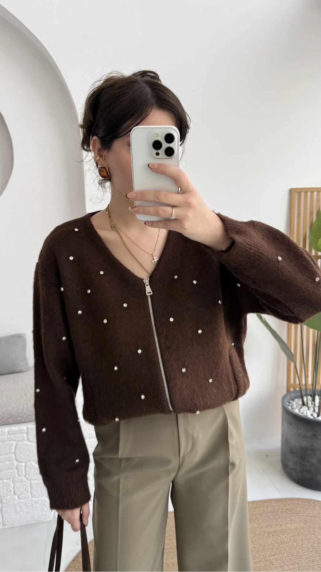 Leya Taşlı Hırka - Kahverengi - Kod: 4514