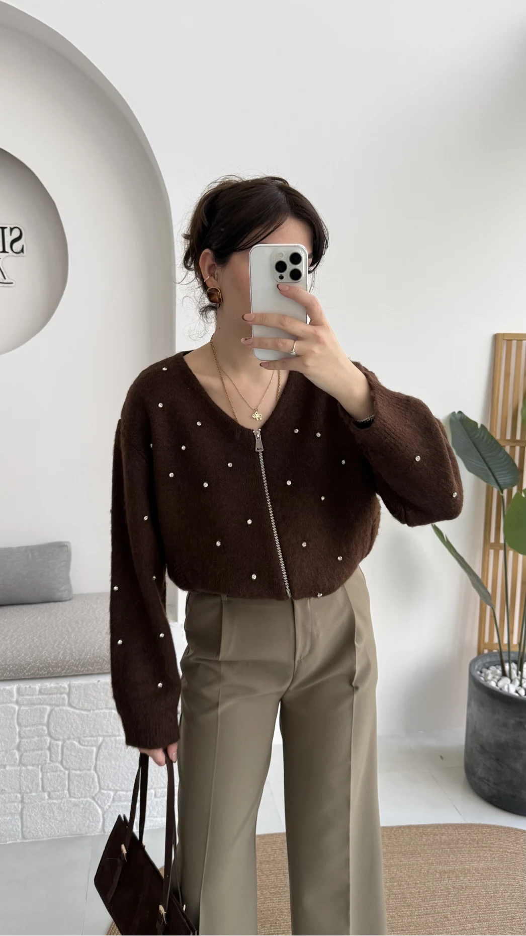 Leya Taşlı Hırka - Kahverengi - Kod: 4514