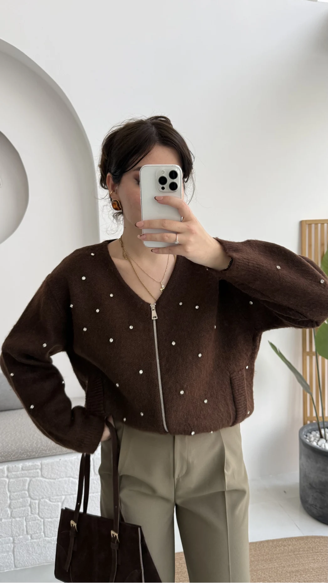 Leya Taşlı Hırka - Kahverengi - Kod: 4514