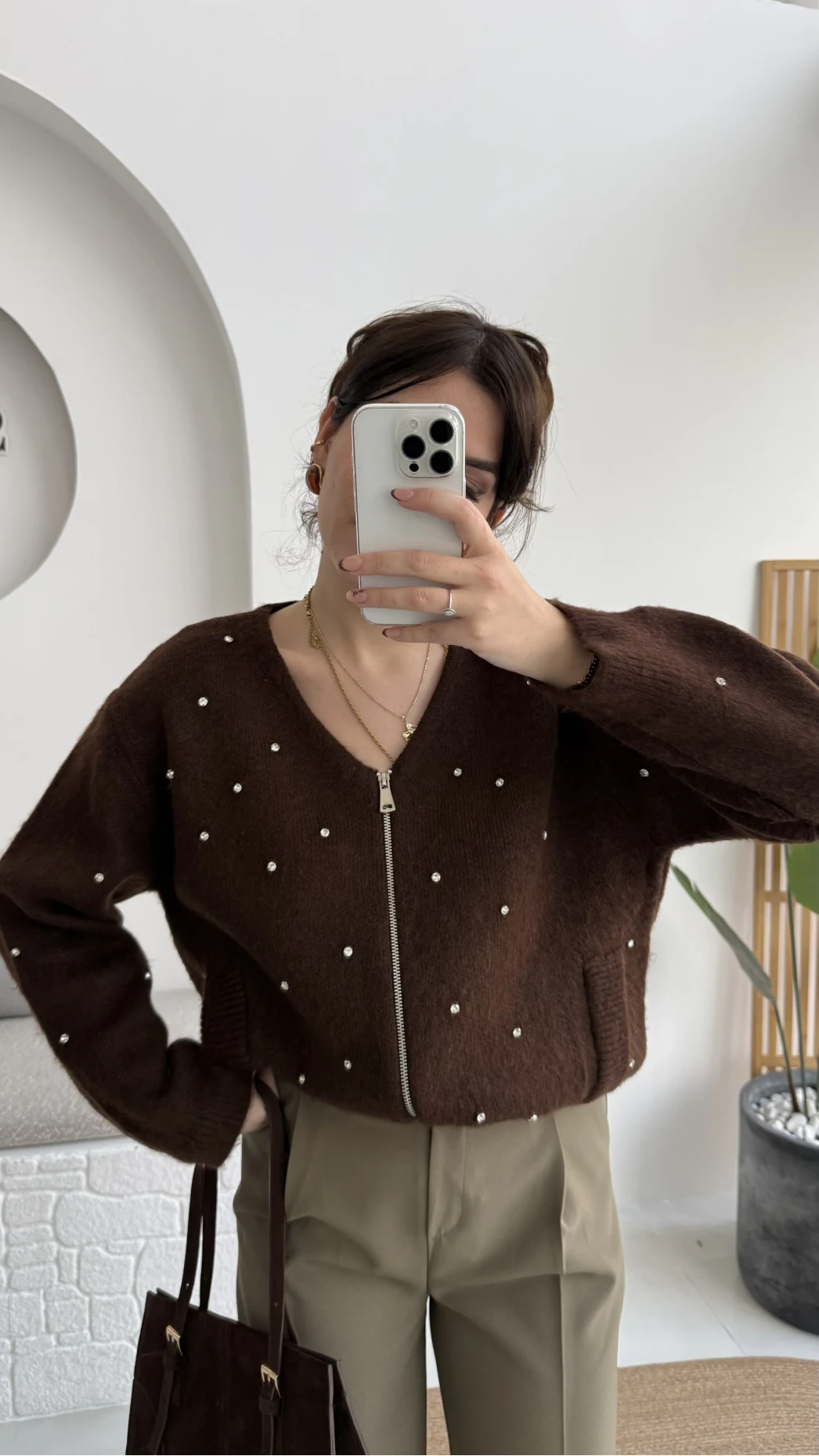 Leya Taşlı Hırka - Kahverengi - Kod: 4514