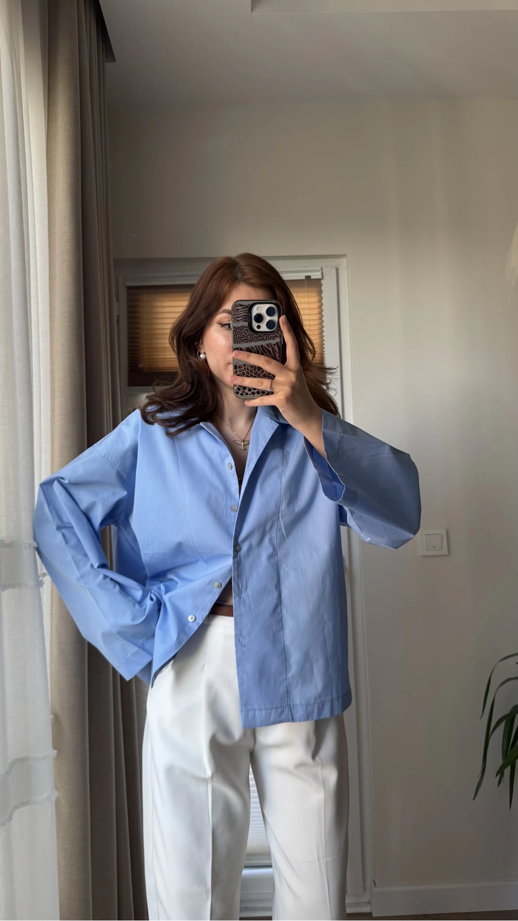 Leyla Poplin Kumaş Mavi Gömlek