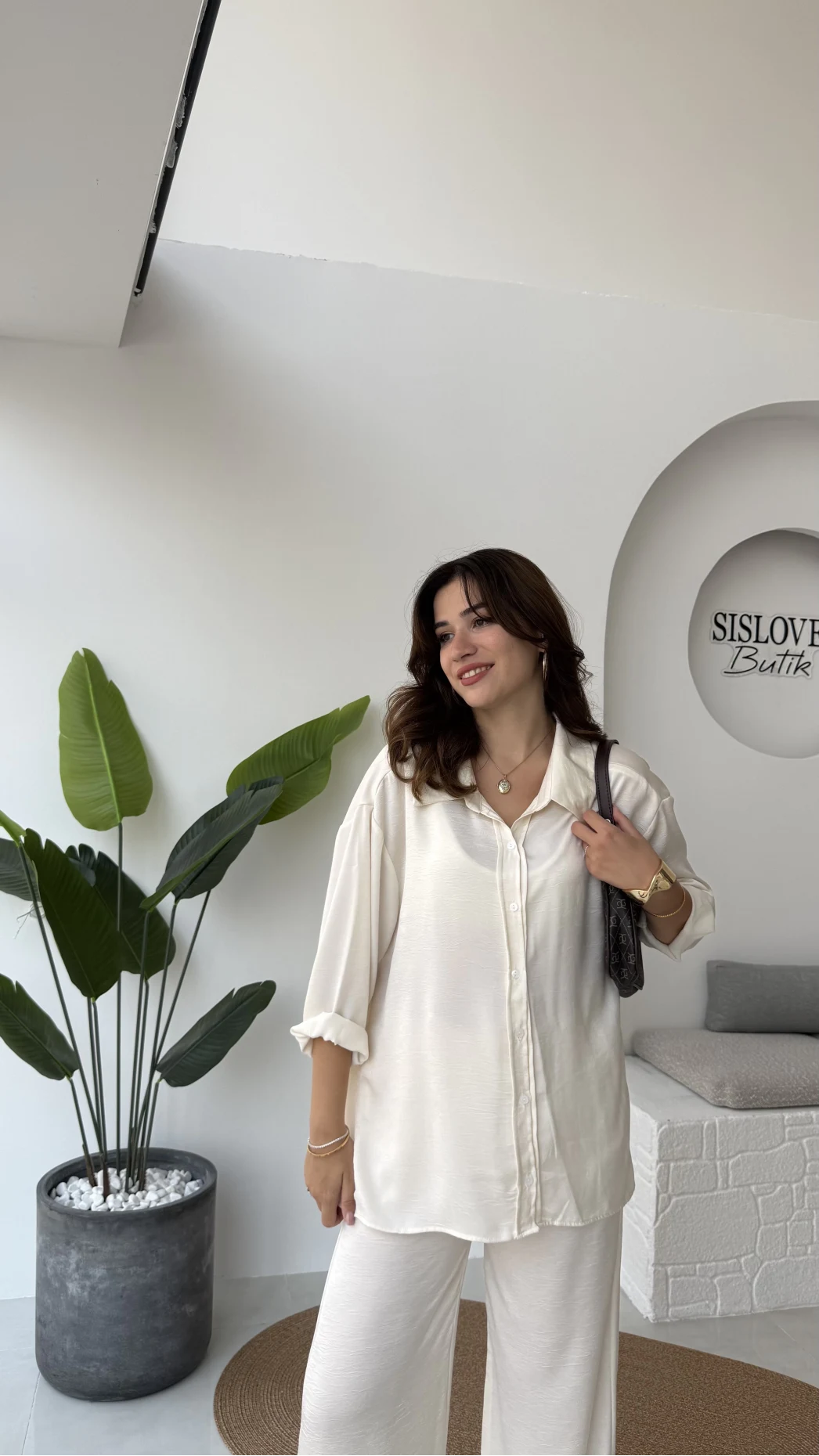 Lida Saten Gömlek Pantolon Takım - Ekru - Kod: 6022
