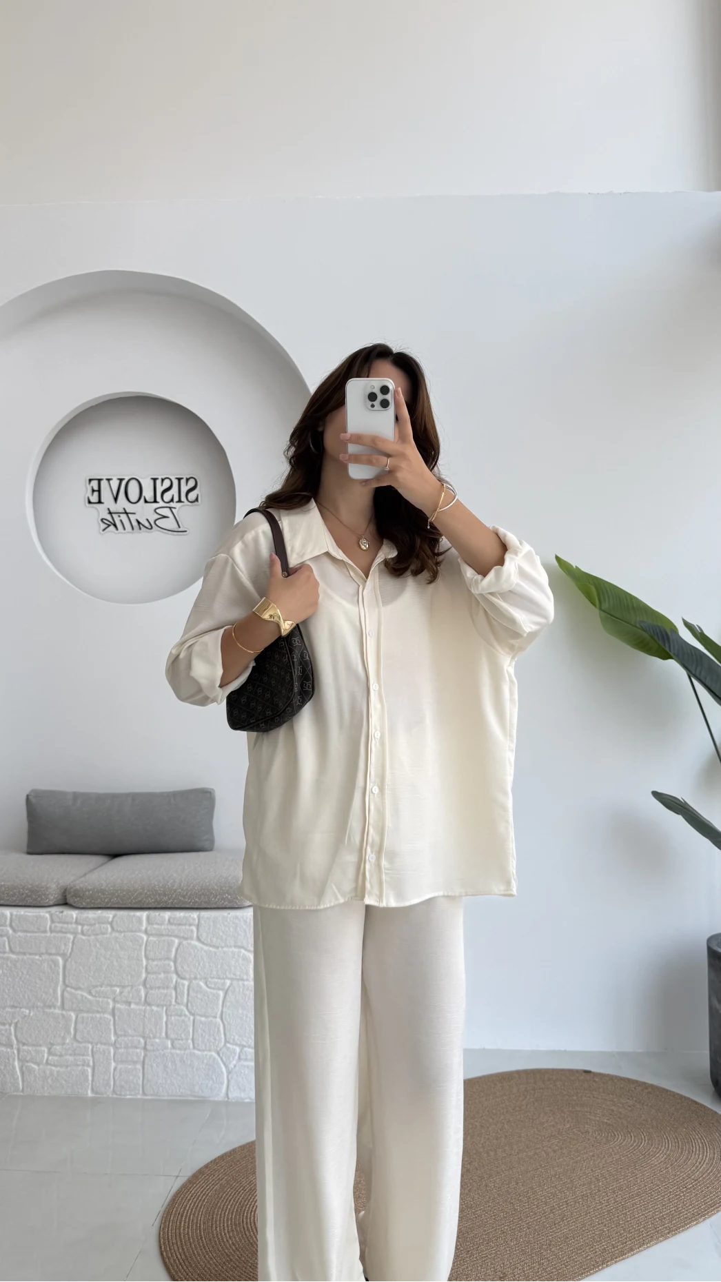 Lida Saten Gömlek Pantolon Takım - Ekru - Kod: 6022