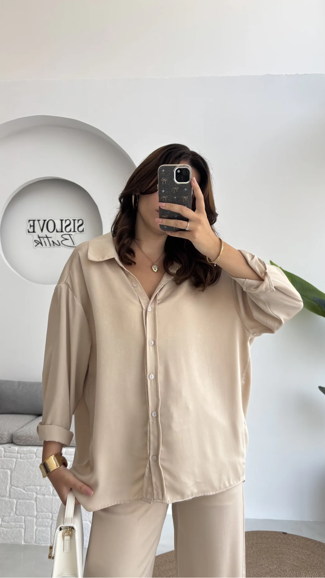 Lida Saten Gömlek Pantolon Takım - Vizon - Kod: 6022