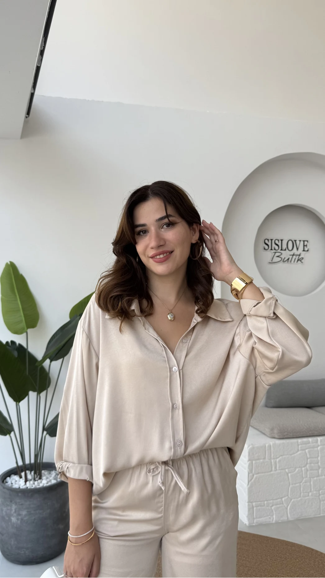 Lida Saten Gömlek Pantolon Takım - Vizon - Kod: 6022