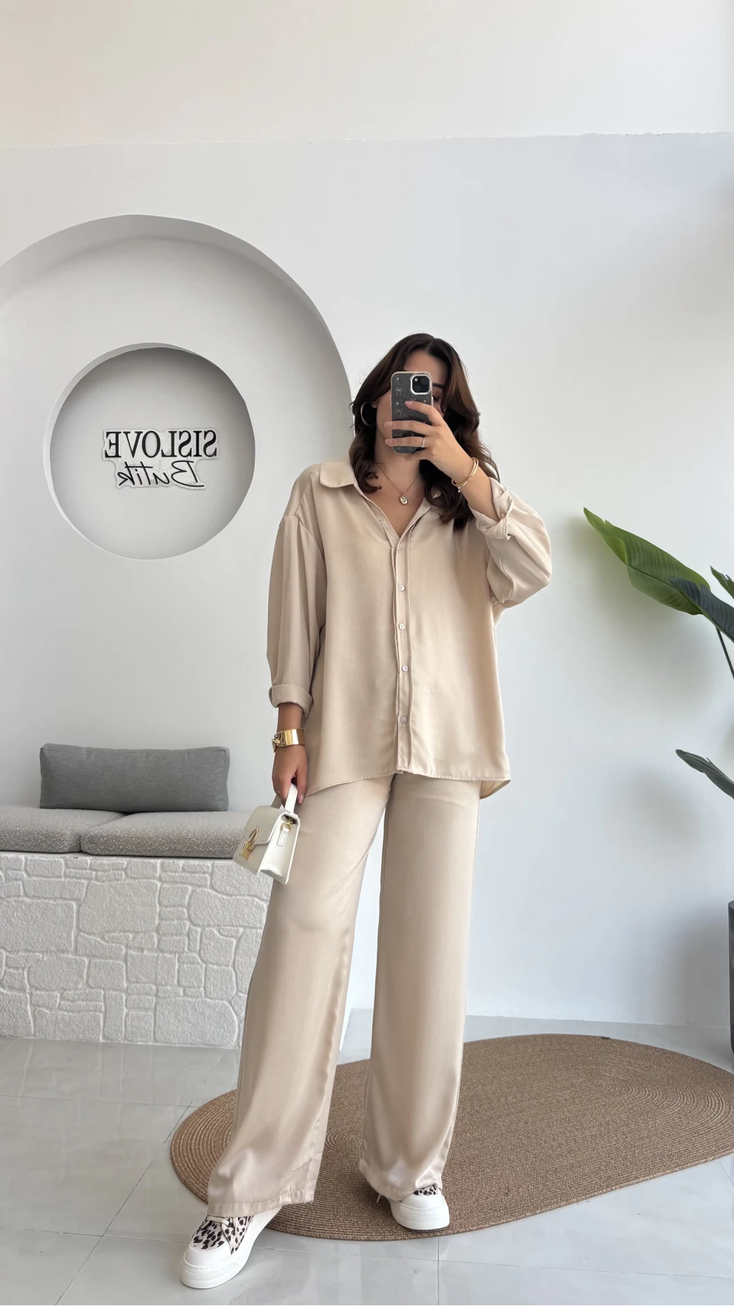 Lida Saten Gömlek Pantolon Takım - Vizon - Kod: 6022