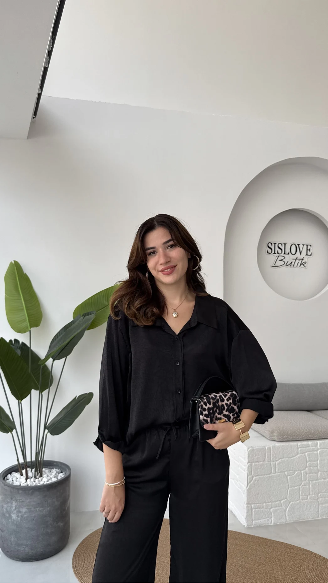 Lida Saten Gömlek Pantolon Takım - Siyah - Kod: 6022