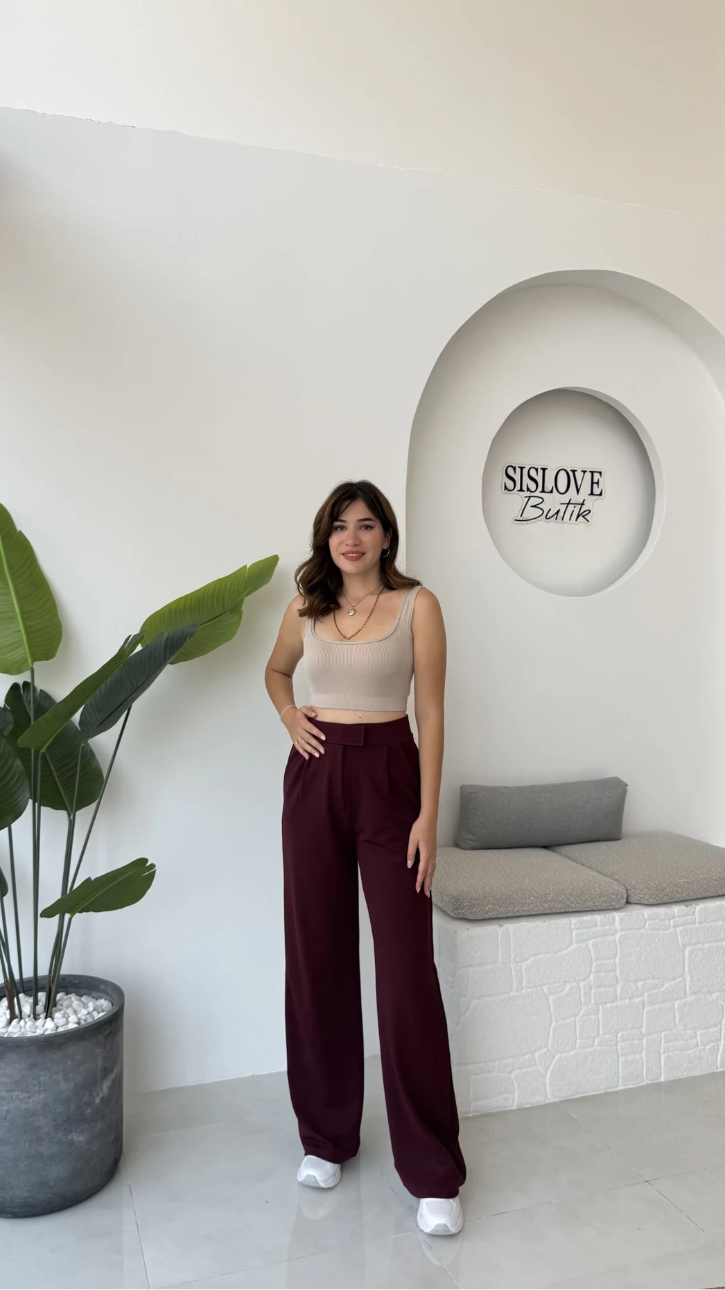 Likralı Cırtlı Palazzo Pantolon - Bordo