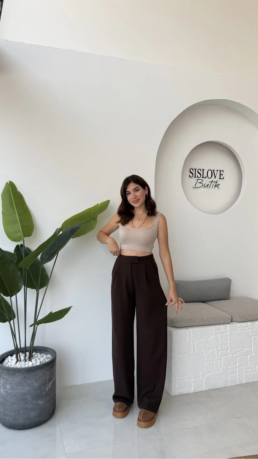 Likralı Cırtlı Palazzo Pantolon - Kahve