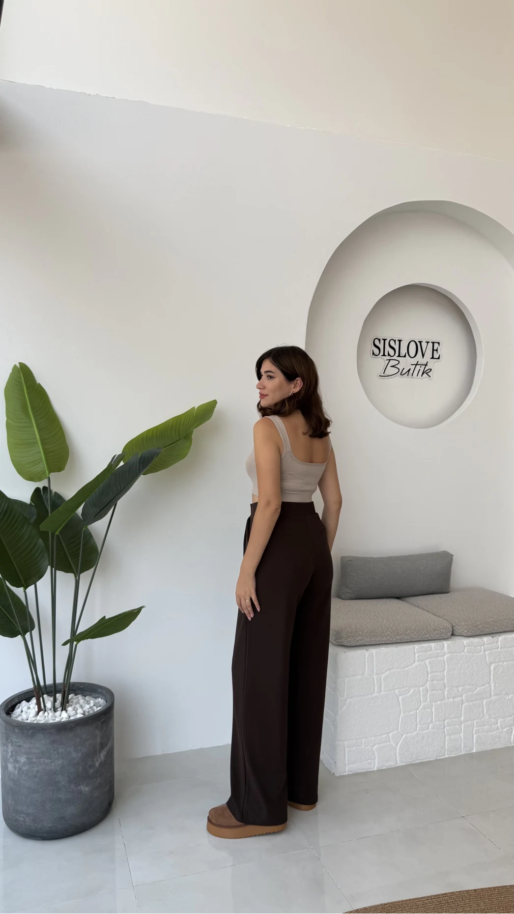 Likralı Cırtlı Palazzo Pantolon - Kahve