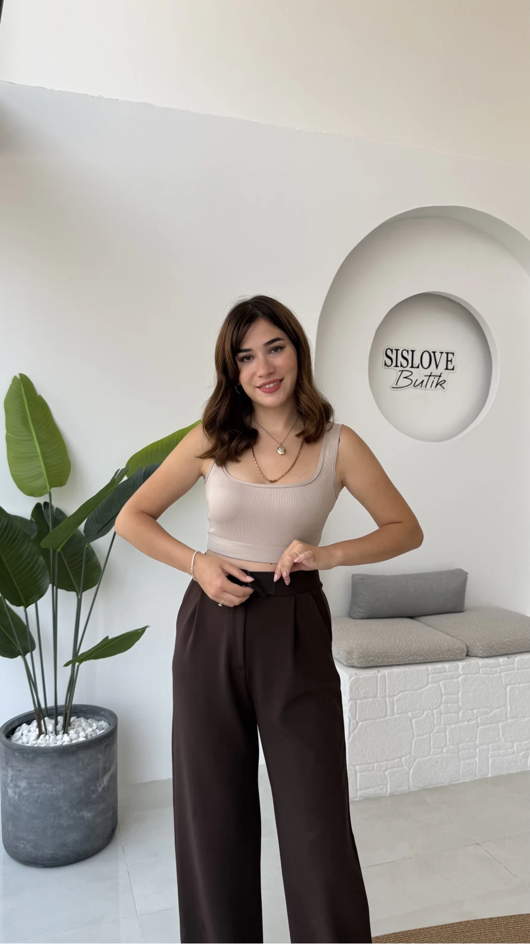 Likralı Cırtlı Palazzo Pantolon - Kahve