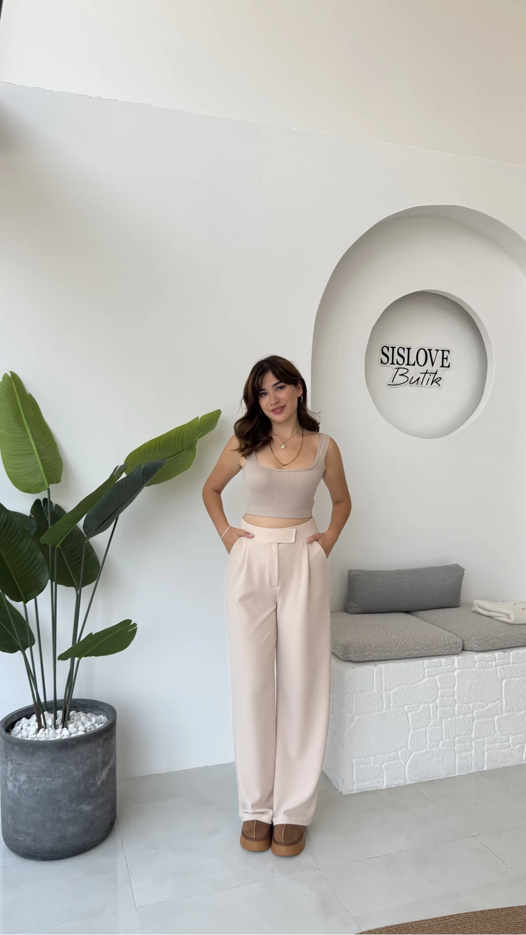 Likralı Cırtlı Palazzo Pantolon - Krem