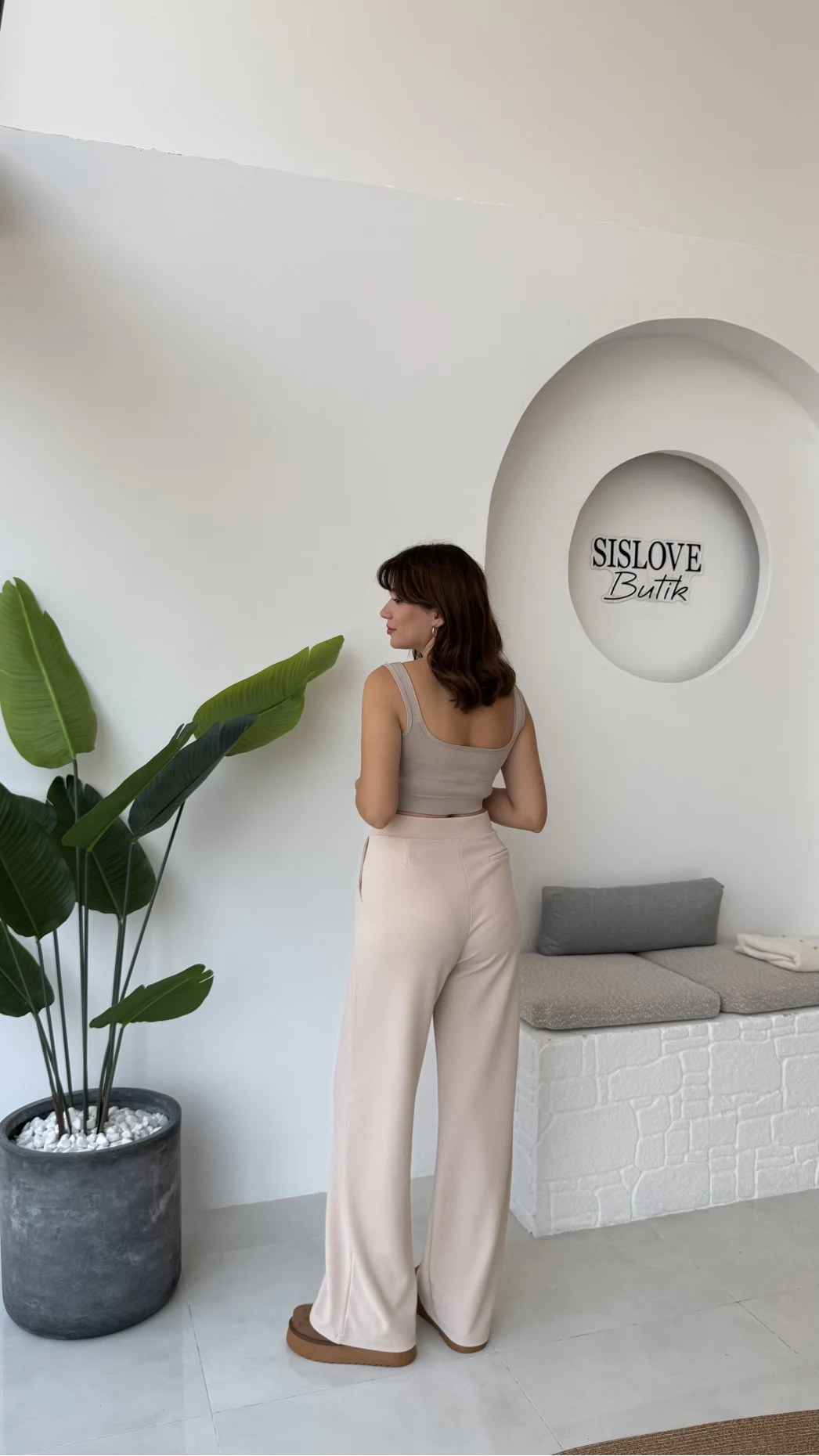 Likralı Cırtlı Palazzo Pantolon - Krem