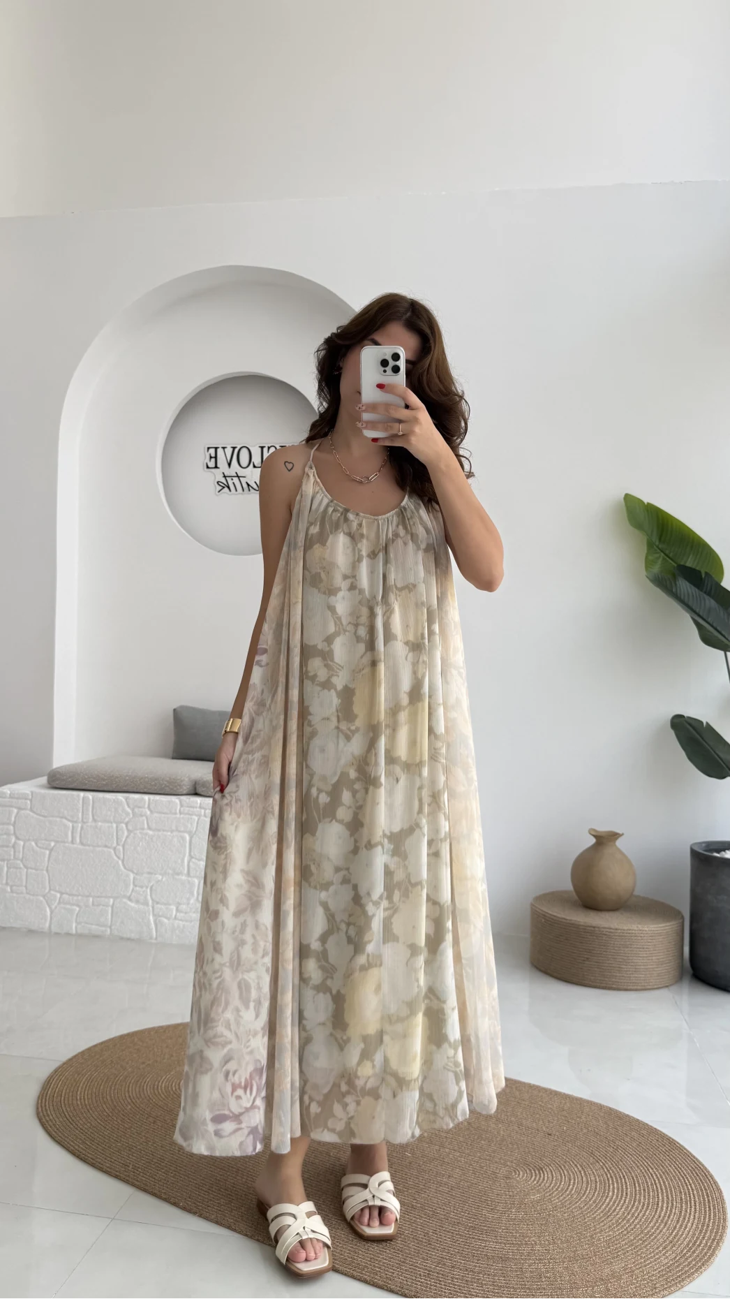 Lime Askılı Dökümlü Elbise - Açık Ton 1 - 3321