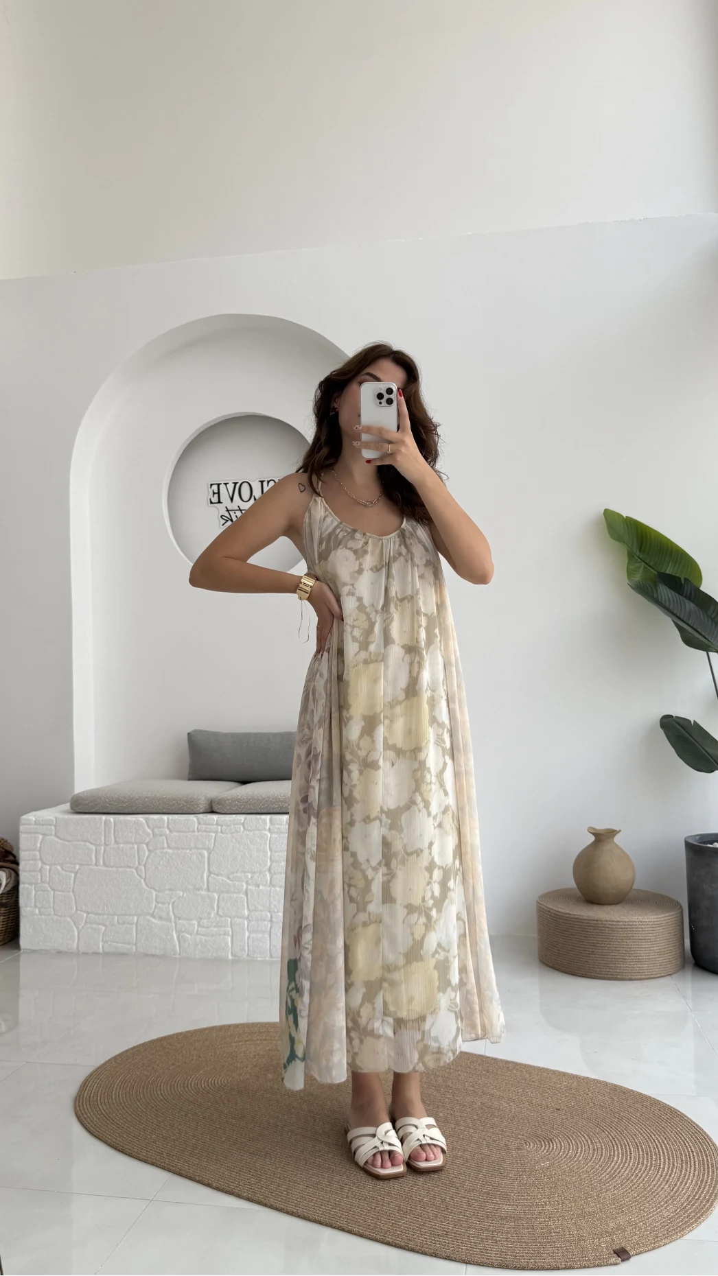 Lime Askılı Dökümlü Elbise - Açık Ton 1 - 3321