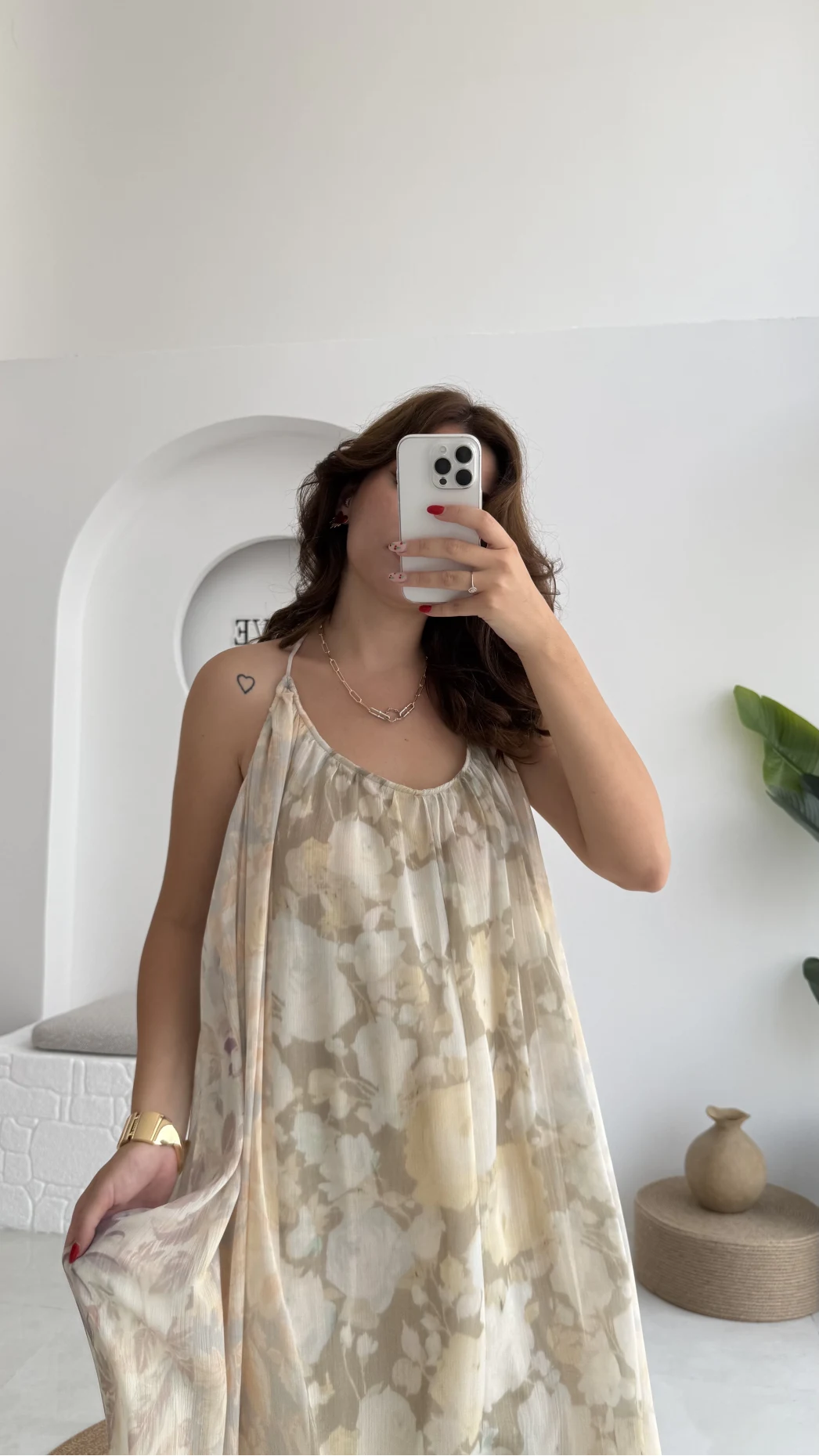 Lime Askılı Dökümlü Elbise - Açık Ton 1 - 3321